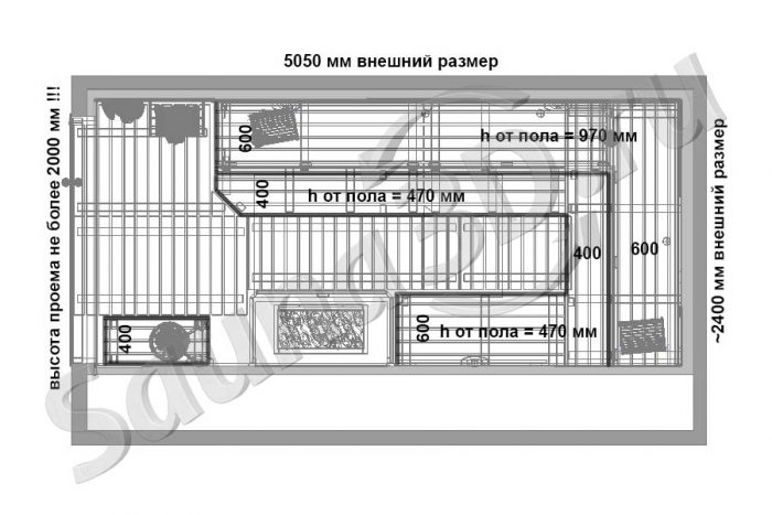 чертеж план сауны из канадского кедра с мощной электрокаменкой