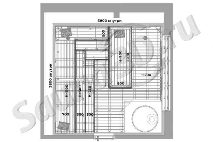 чертеж план 745 внутренняя отделка бани с дровяной печью AITO