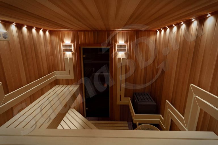 773 дизайн электро сауны из кедра в коттедже, каменка EOS | Sauna3D