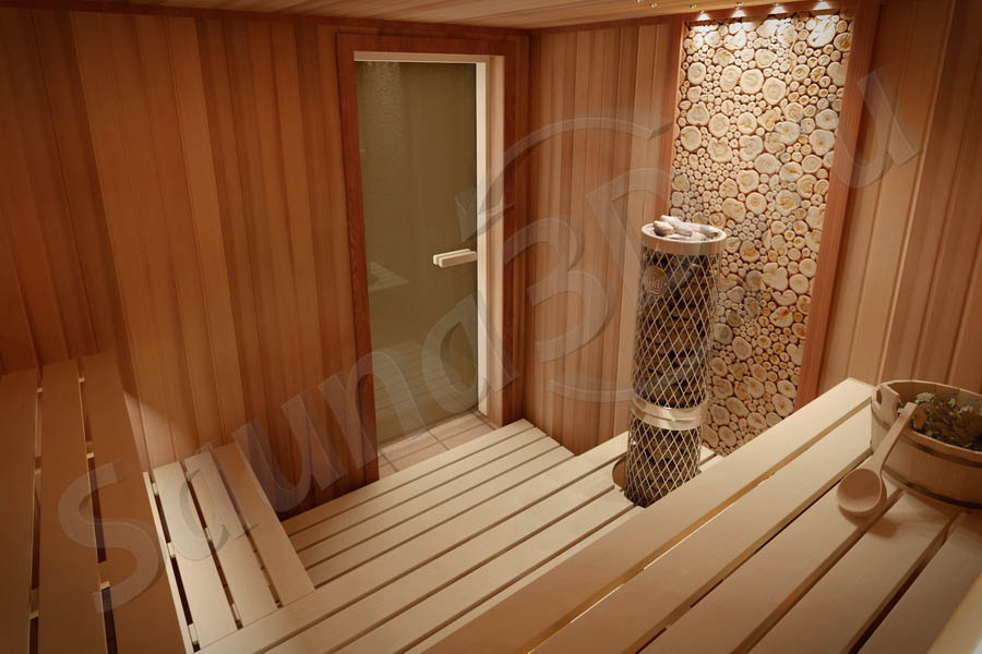 784 дизайн сауны из кедра в загородном доме, печь IKI Pillar | Sauna3D